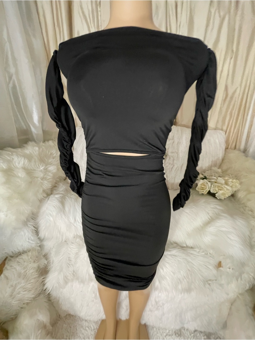 Sexy Sleek Black Ruched Midi Cutout Bodycon Dress (small)